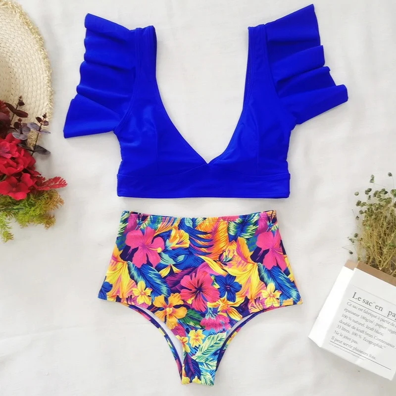 

Floral Ruffled Hem Bikini Set Women Flora V-Neck High-Waisted Two Piece Swimsuit 2022 Girl Beach Bathing Suit Swimwear Biquinis