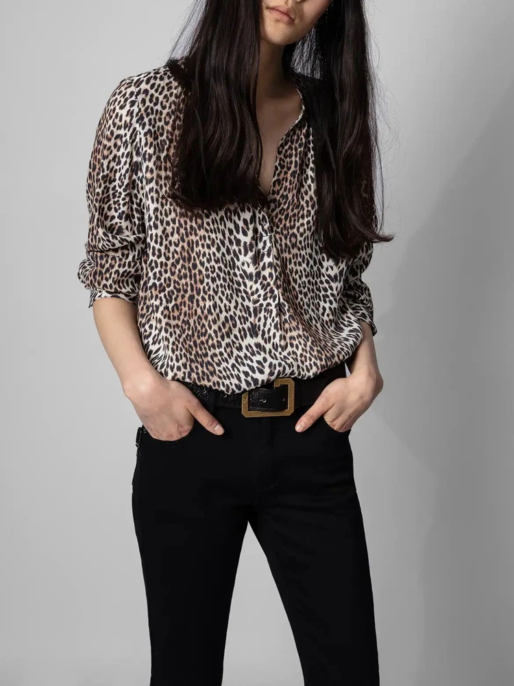 2022 Spring New Leopard Print Long Sleeve zv Shirt 100% Viscose Women Shirt Top