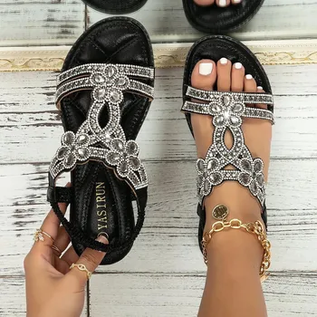 Women Rhinestone Flower Sandals Open Toe Slingback Elastic Ankle Strap Wedges Ladies Shoes Fashion Sexy Beach Party Sandals 1
