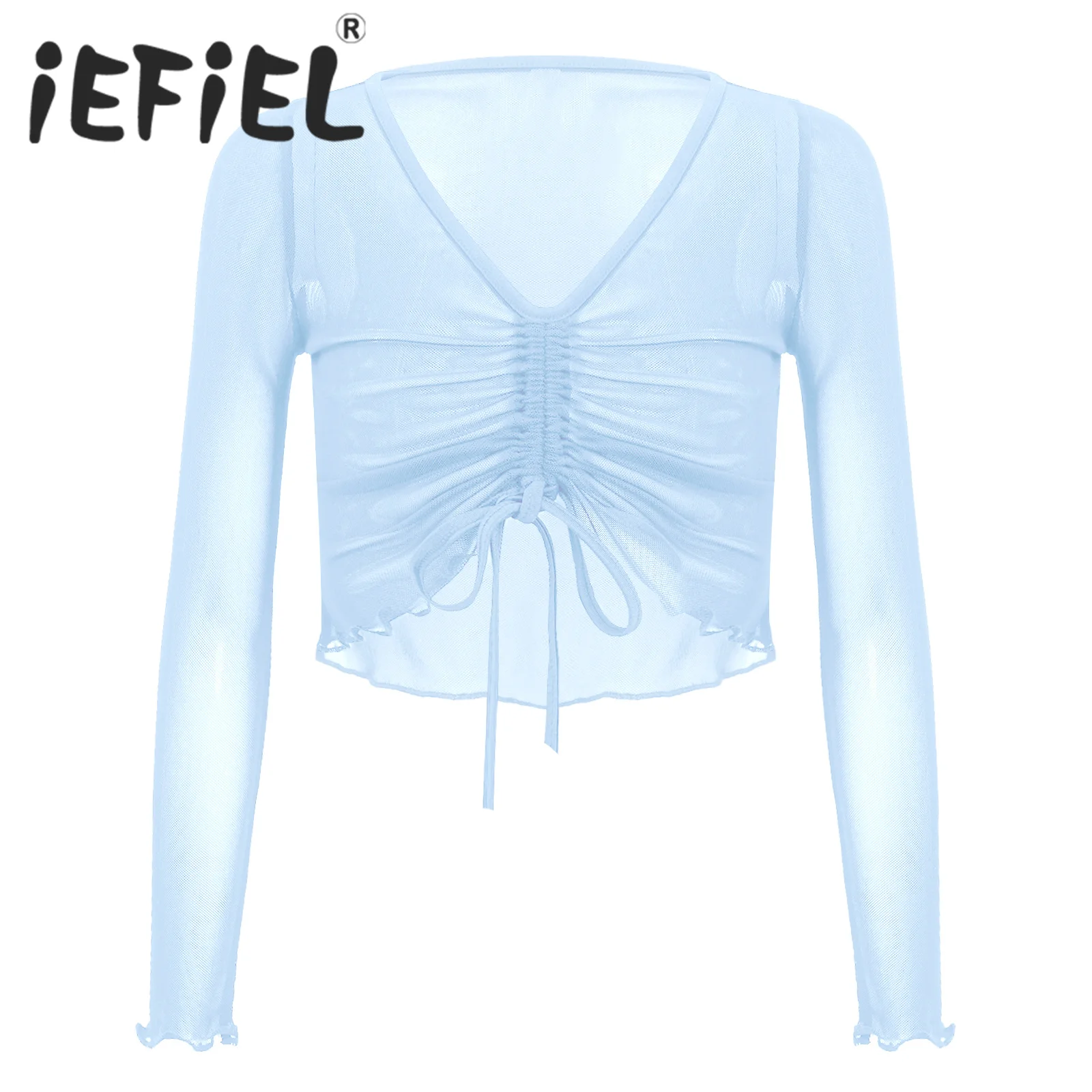 

Kids Girls Ballet Dance Top Sport Cropped Top Long Sleeves Front Drawstring See-through Mesh Tops Dance Fitness Cover Up Tops