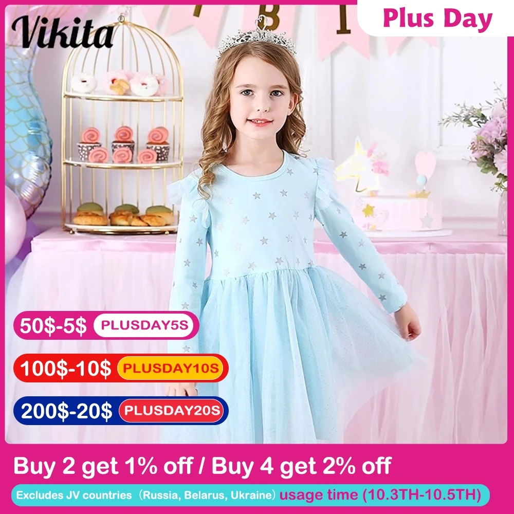 VIKITA Kids Long Sleeve Dresses for Girls Party Dress Star Printed Birthday Tutu Dresses Children Casual Wear Princess Vestidos
