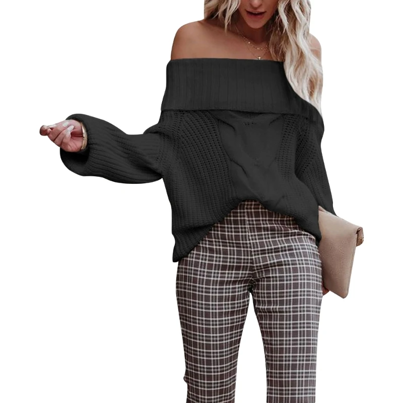 

Womens Lantern Long Sleeve Sweater Chunky Cable Knit Off Shoulder Pullover Top