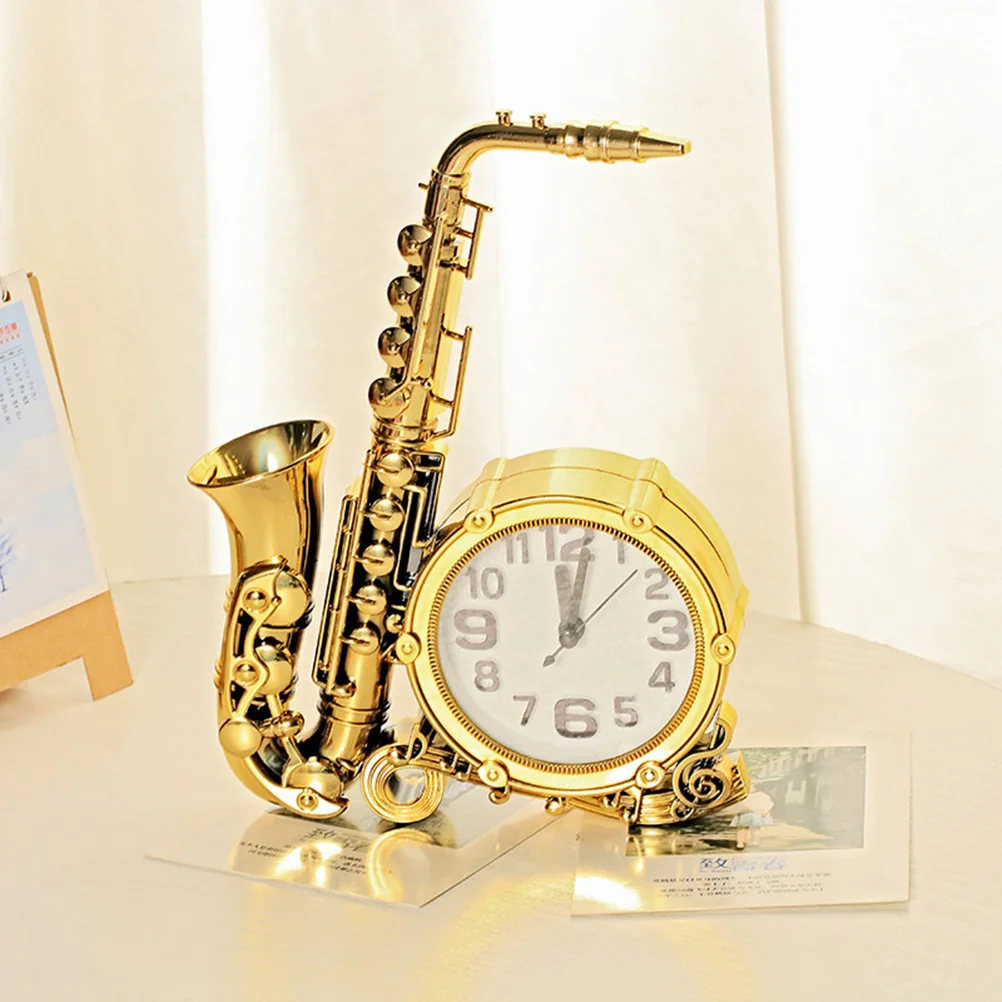 

Clock Alarm Saxophone Table Bedside Decorative Vintage Desktop Night Light Rustic Statue Decor Iron Silent Desk Clocks Farmhouse