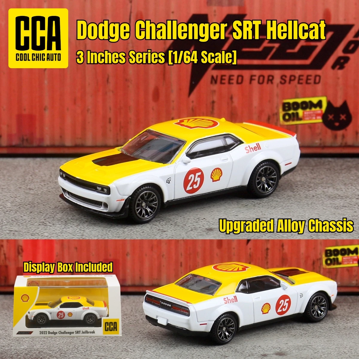Фото Модель автомобиля Dodge Challenger SRT Hellcat CCA 1/64 из литого металла с демонстрационным боксом, свободно вращающимися колесами, коллекционная миниатюра, подарок для ребенка №1
