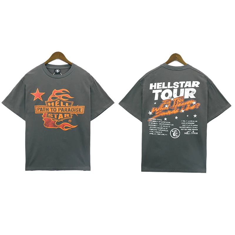 

23SS Hellstar Studio Short Sleeve Unisex 1:1 Washed Old Casual Loose Top Tees Cotton Hip Hop High Street Grey T-shirts With Tags