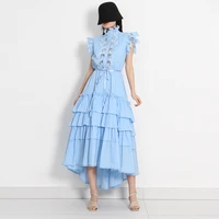 retro fashion solid princess style a line skirt 2022 summer new stand up collar hollow flying sleeve dresses for women splicing