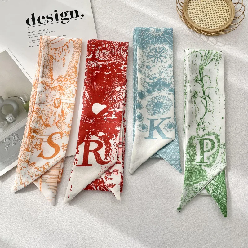 

New 26 Letter Print Small Scarf Women Riband Handle Bags Scarf Narrow Long Wrist Small Ribbon Fashion Hair Band Scarves Wraps