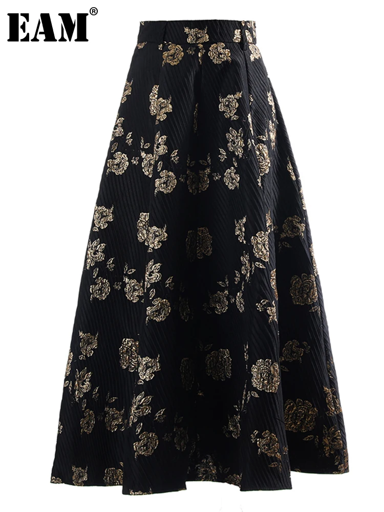 

[EAM] High Waist Gold Color Jacquard Flower Vintage Long Half-body Skirt Women Fashion Tide New Spring Autumn 2022 1DE2193
