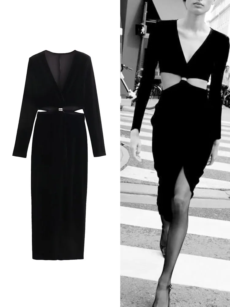 

Платье женское бархатное средней длины с длинным рукавом, с разрезом на талии