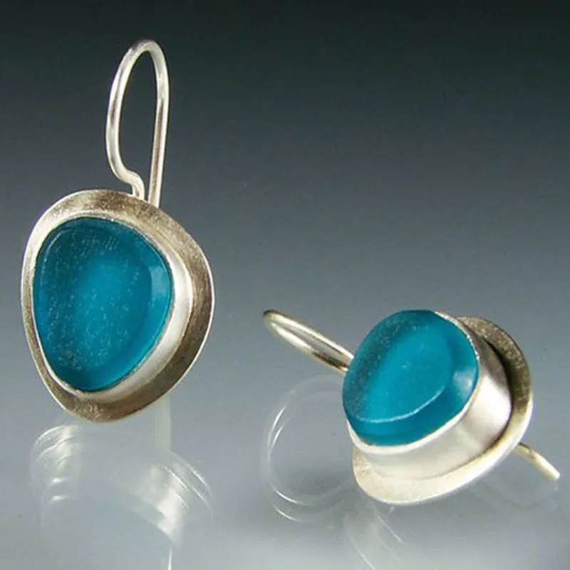 

Trendy Irregular Round Navy Blue Stone Drop Earrings for Women Vintage Silver Color Wedding Handmade Earrings Jewelry