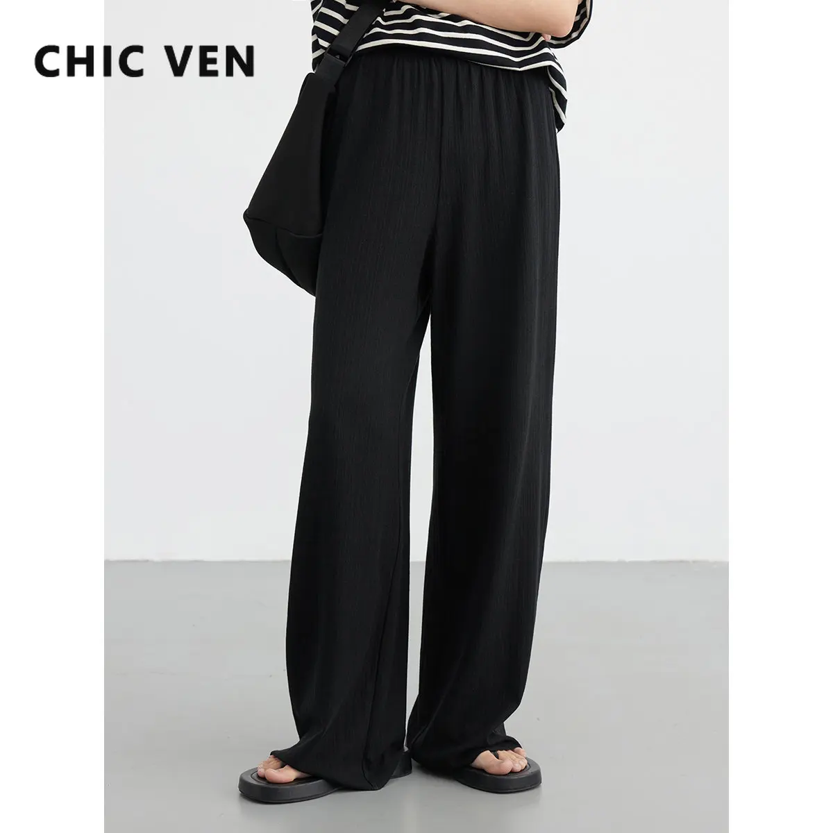 

CHIC VEN Women's Pants Casual Elastic Waist Wide Leg Straight Black Trousers Streetwear Sports Loose Female Clothing Summer 2023