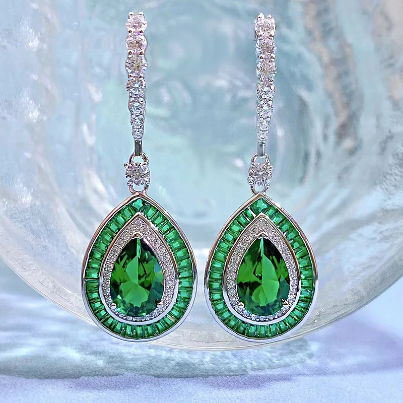 

New 3ct water drop 8 * 12 emerald high carbon diamond earrings sterling silver Euramerican ins luxury earrings female