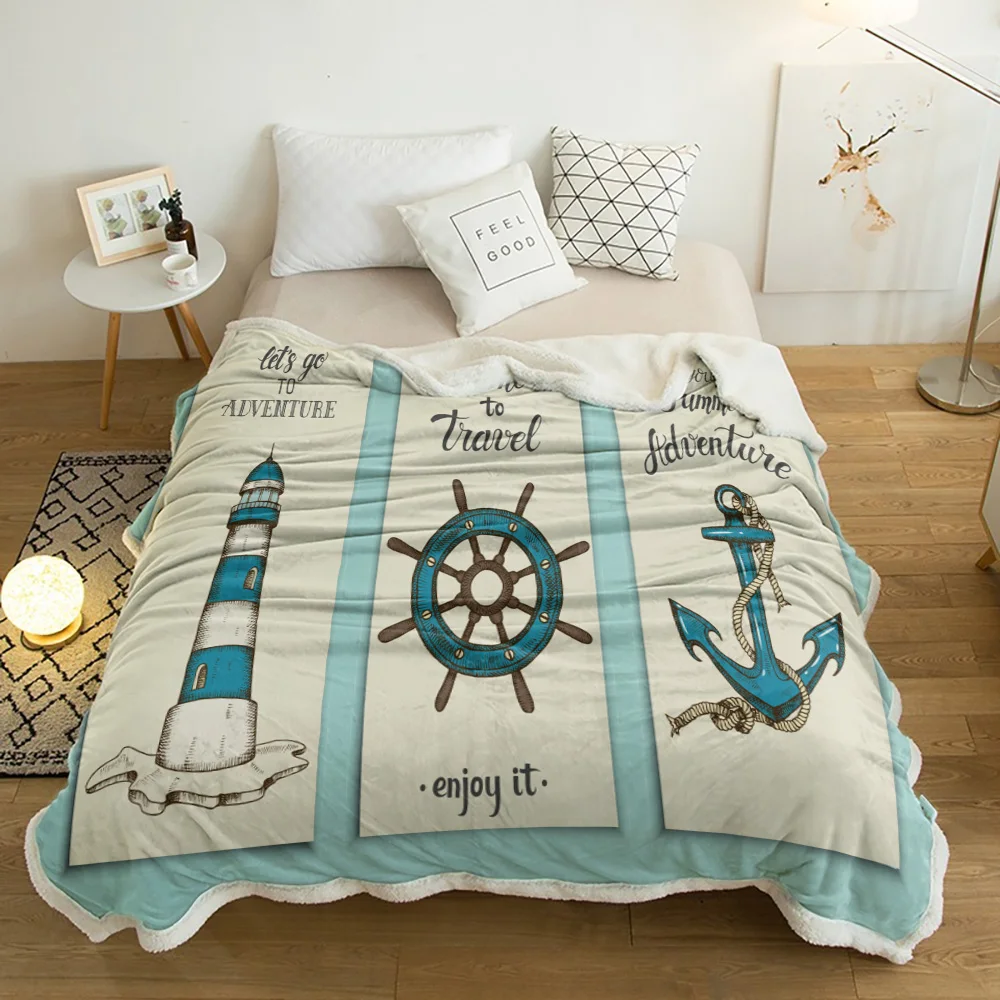

Lighthouse Anchor Rudder Nautical Lamb Cashmere Fleece Blanket Home Bed Sofa Winter Sherpa Bedding Kids Thick Bedspread