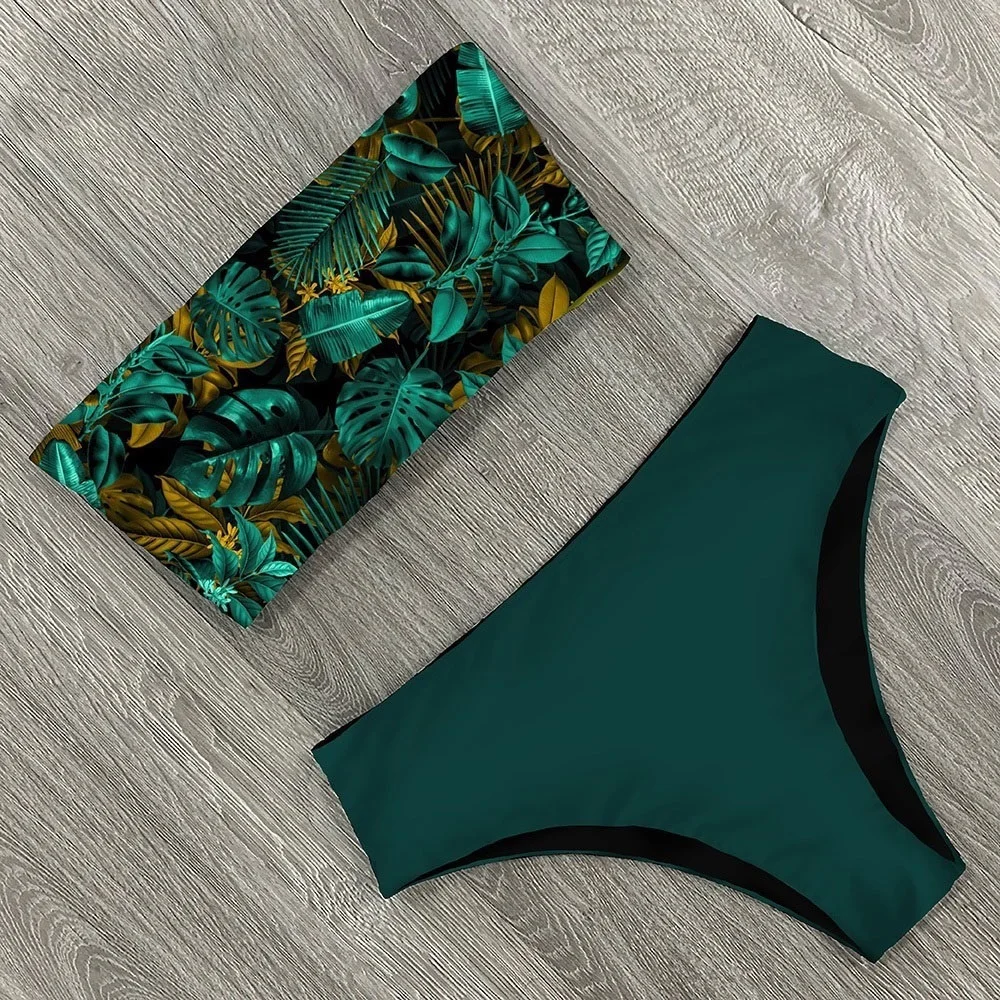 2020 New Sexy Low Hight Bikini Set Swimwear Women Bandeau Female Print Floral Strappy Swimsuit Bathing Suit Beach Wear Biquini