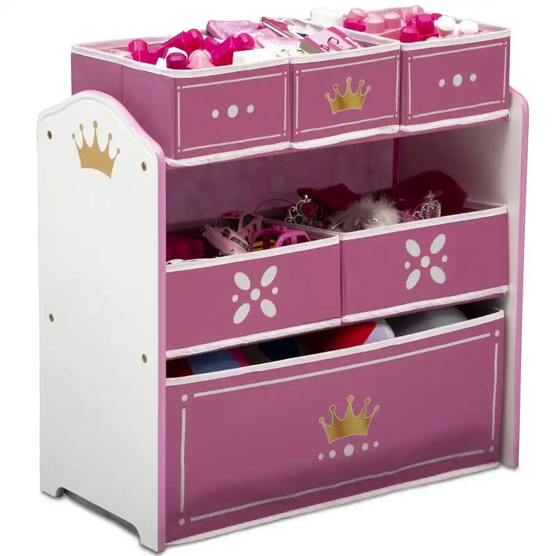 

Crown 6 Bin Storage Toy Organizer, Greenguard Gold Certified, Solid Wood & Fabric, White/Pink