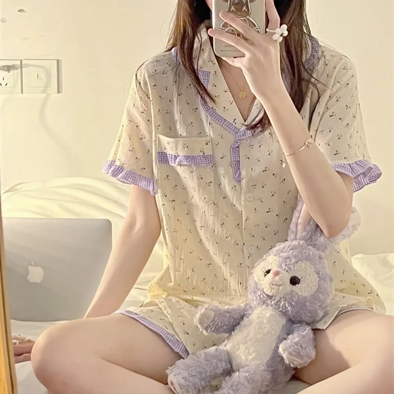 Korean Pajama Mujer Grid Print Cotton Yarn Sleepwear Set Short Sleeve Top+Shorts Ruffle Homewear Skin-Friendly Breathable