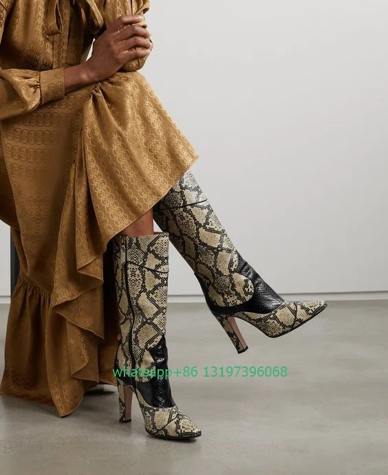 Lady snake-effect leather knee boots chunky heel calf side zip boots snake printed design boots fall causal dress boots size 46
