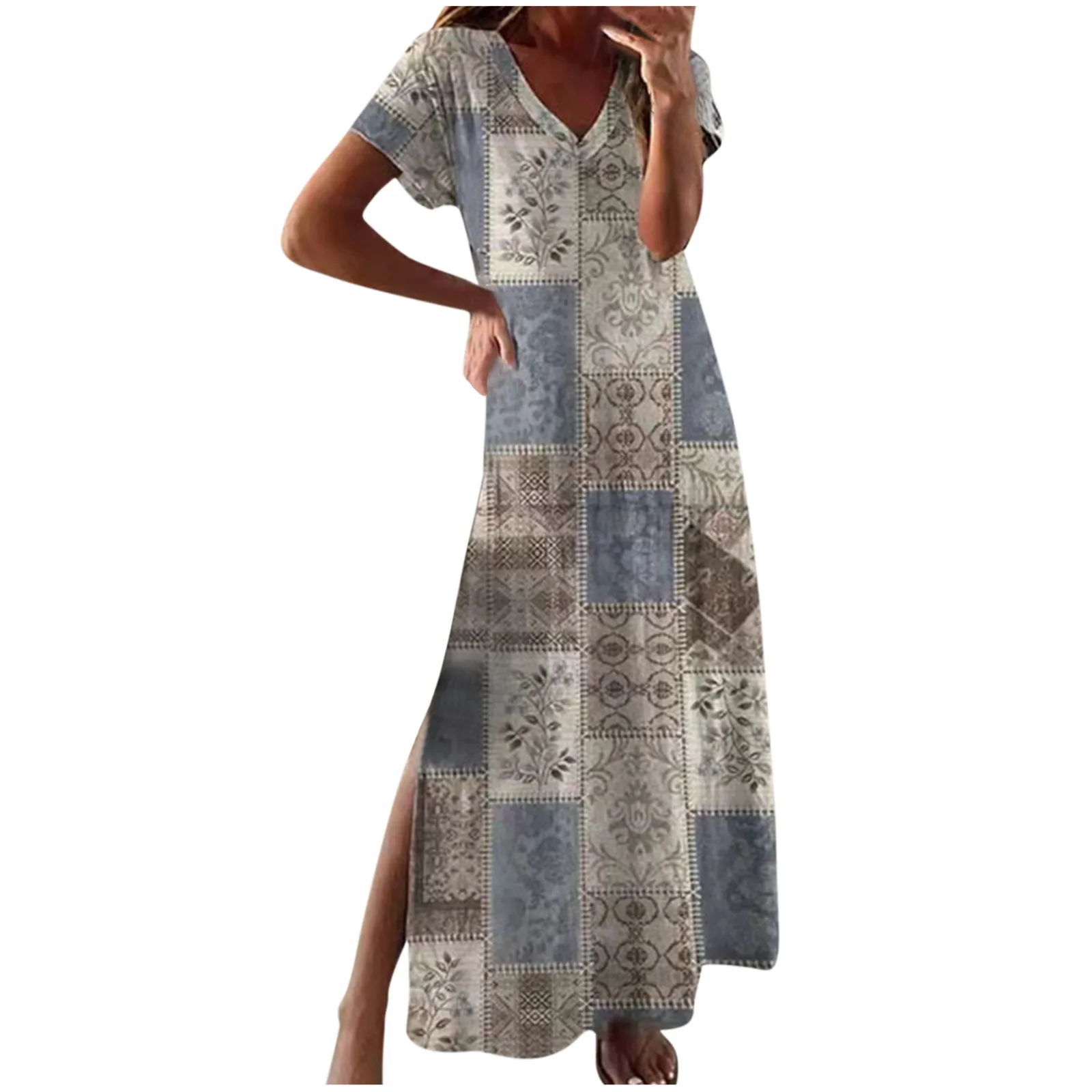 

2022 Women's Summer Casual Vintage Dresses V-Neck Short Sleeve Vacation Printed Vintage Split Resort Style Dresses