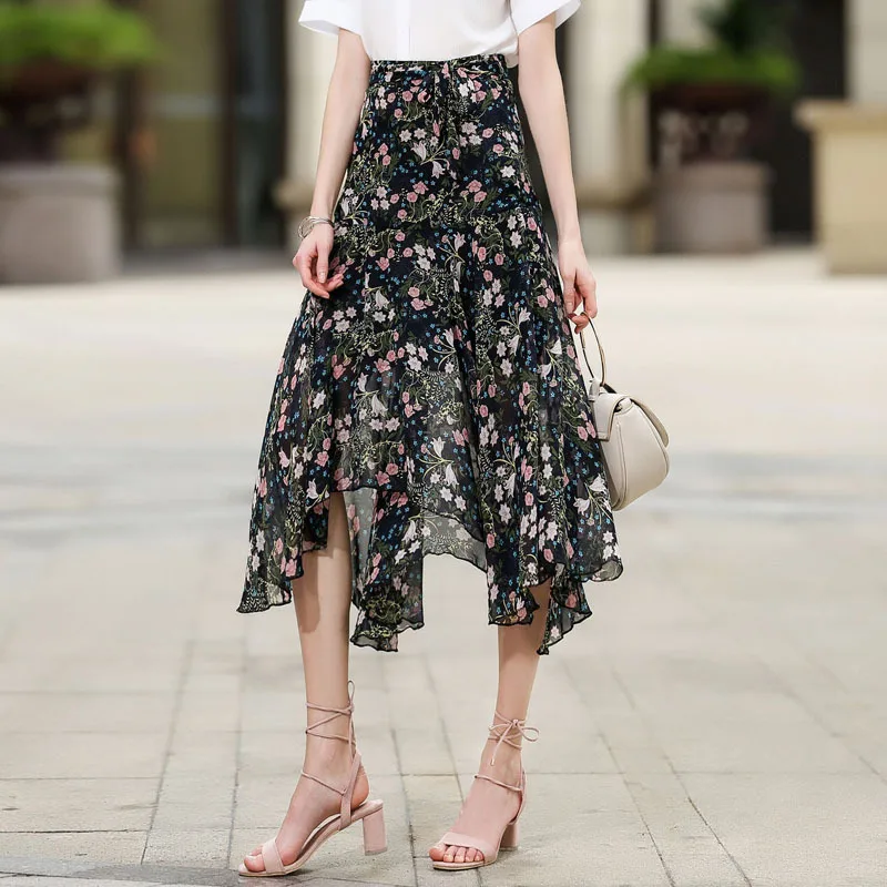 Long Maxi Elegant Skirt Women Spring Summer Korean White Black Floral Print High Waist Sun School Skirt Female