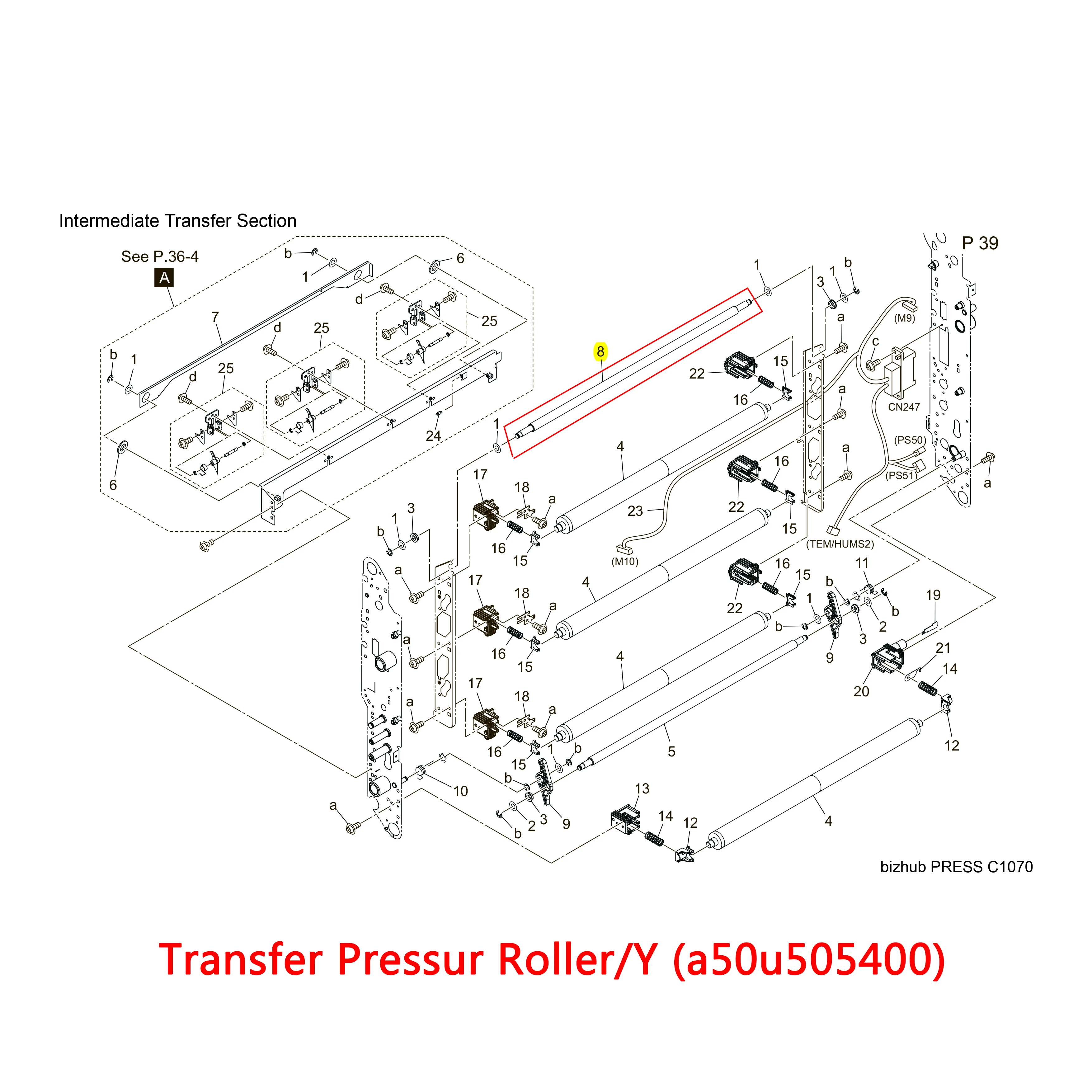 

1X ролик давления передачи/Y A50U505400 + 2X 07BA15871 для Konica Minolta C1070