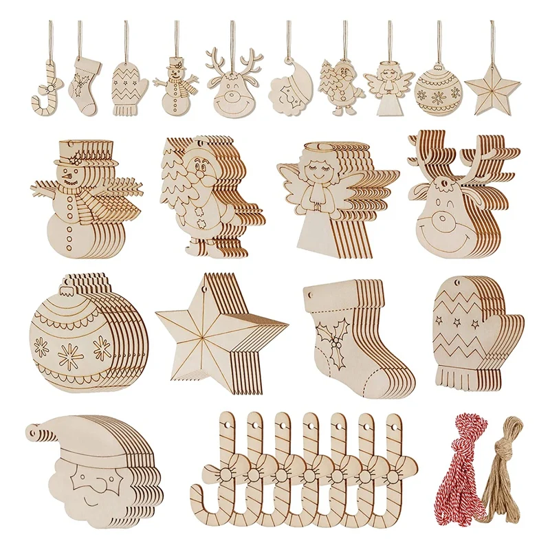 

80Pcs Christmas Crafts Unfinished Wooden Christmas Ornaments DIY Wood Slices Craft Supplies Shape Pendant For Kids 10 Styles