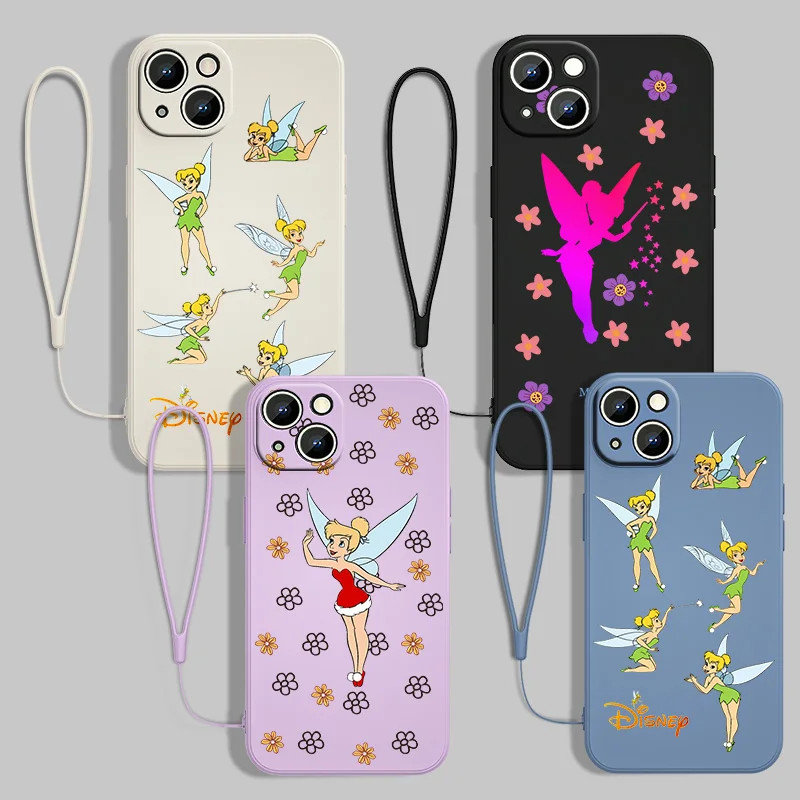 

Tinker Bell Cute For Apple iPhone 13 12 11 Pro Max mini XS XR X 8 7 6S 6 Plus Liquid Rope With Lanyard Phone Case