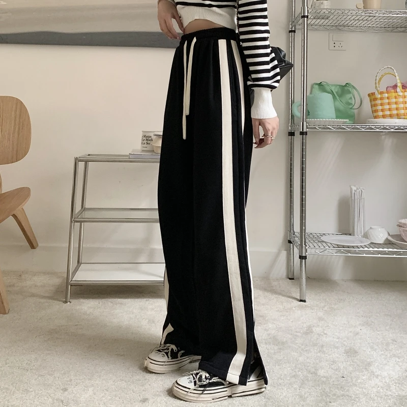 

Y2k Pants Women Korean Fashion Doubles Stpries Split Sweatpants Japanese Kpop Streetwear Harajuku Vintage Trousers Wide Leg
