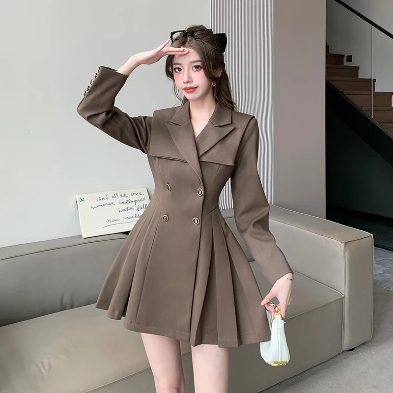 

Small Fragrant Wind Khaki Professional Suit Dress Fashion Office Double-breasted Long-sleeved Simple Elegant Women's Dresses New