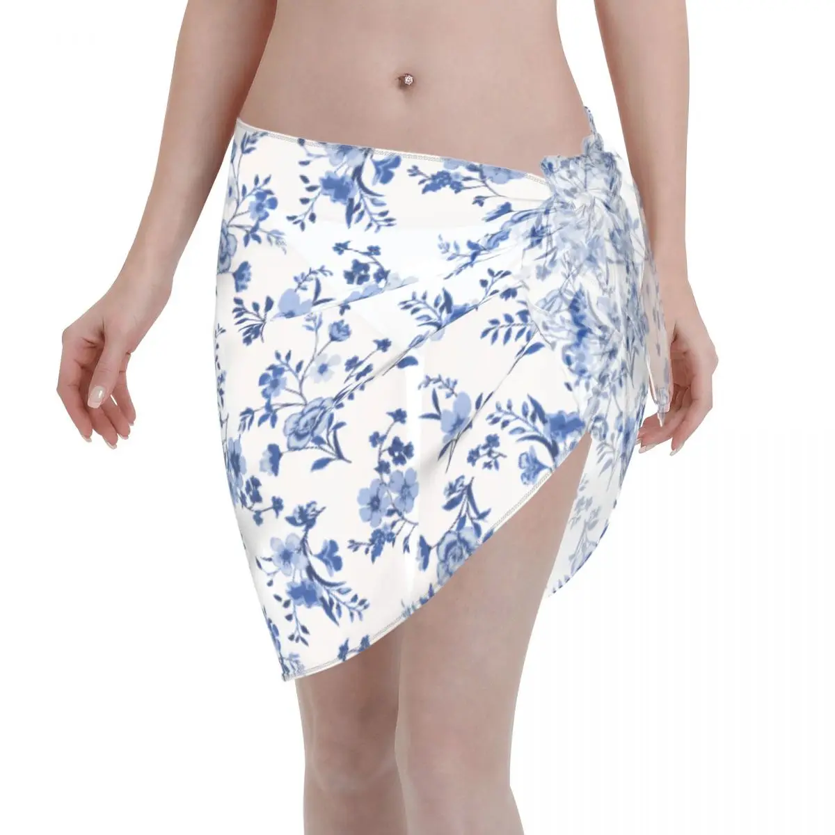 

Blue Floral Flowers Scarf Cover Ups Women Polyester Beach Dress Bikini Cover Up