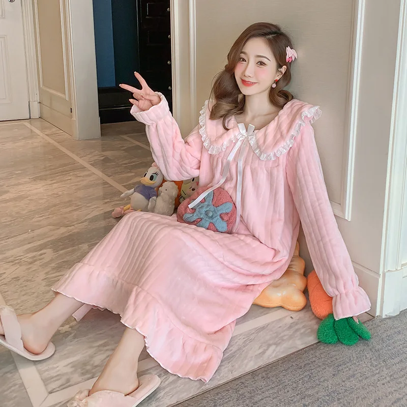 Winter Warm Women Fashion Coral Fleece Pajamas Drees Solid Color Cute Long Nightdress