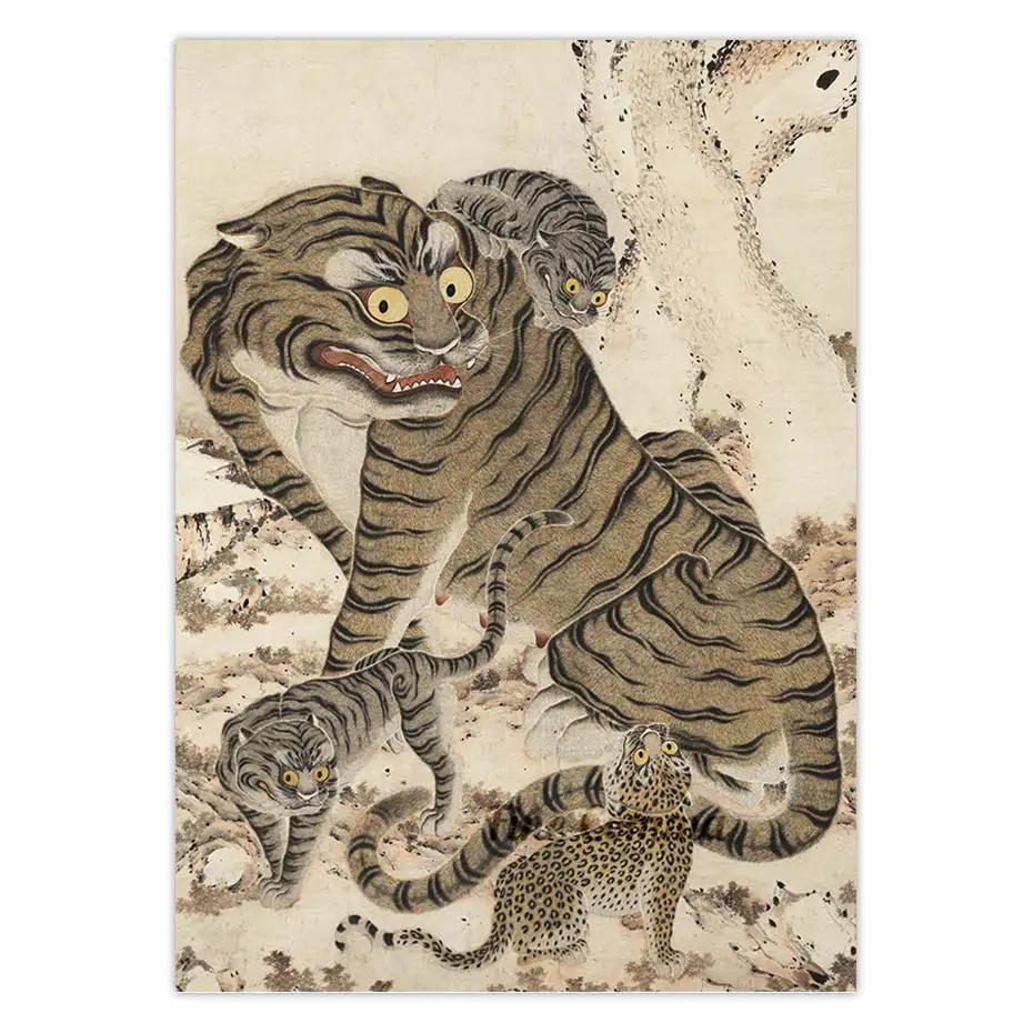 

Винтажный художественный постер с изображением семьи Больших Глаз тигра в Корейском стиле, настенный художественный постер с азиатскими животными, живопись на холсте, Античная живопись, домашний декор, подарок на новоселье