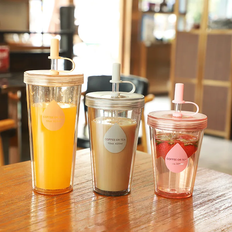 

320/420/520ML Portable Double-layer Water Bottle with Straw Reusable Coffee Milk Cup with Lid Leakproof Water Cup Water Bottle