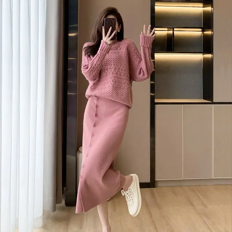 

Women's High Waist A Line Skirt + Knitted Pullover Sweater Suits 2023 New Autumn Winter Korean 2 Piece Sets Clothing X77