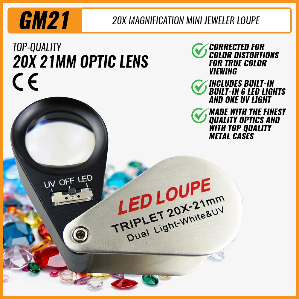 10-20X Ювелирная лупа, мощные лупы, УФ-светодиодное освещение, увеличительное стекло, алмазная лупа, монеты, штамп, инструменты для драгоценных камней
