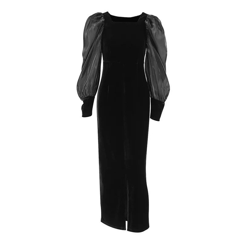 Элегантное атласное платье с квадратным вырезом и объемными рукавами осень-зима