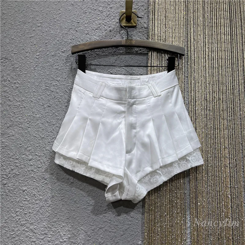 Lace Patchwork Satin Shorts Women 2022 Summer New Pleated Casual Slim Fit Fashion All-Match Short Ladies White Black