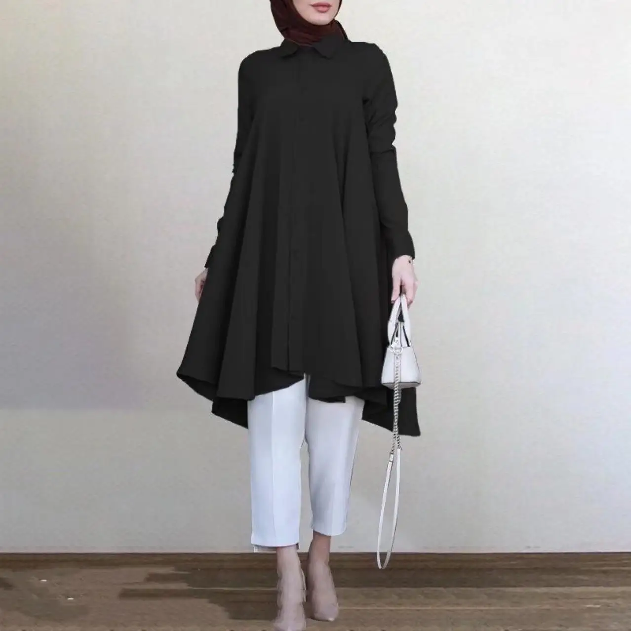 Women's Solid Blouse Muslim Fashion Long Sleeves Shirt Collar Single-Breasted Tops Middle East Islam Malaysia Lady Casual Blusas