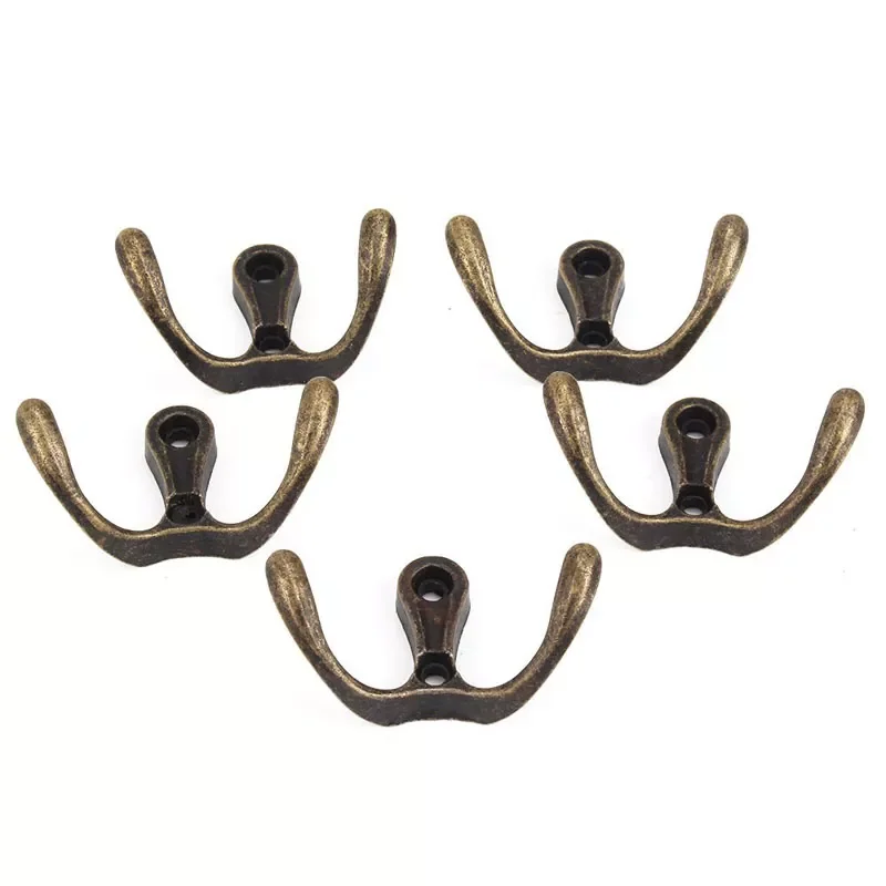 

NEW2023 5pcs Vintage Design Double Prong Clothes Coat Robe Purse Hat Hook Antique Bronze