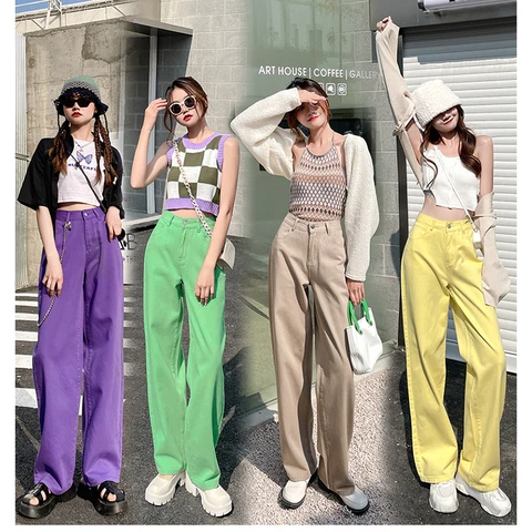 Women's Jeans Baggy Vintage Straight High Waist Korean Fashion Streetwear Casual Pants Femme Wide Leg Purple Mom Denim Trouser