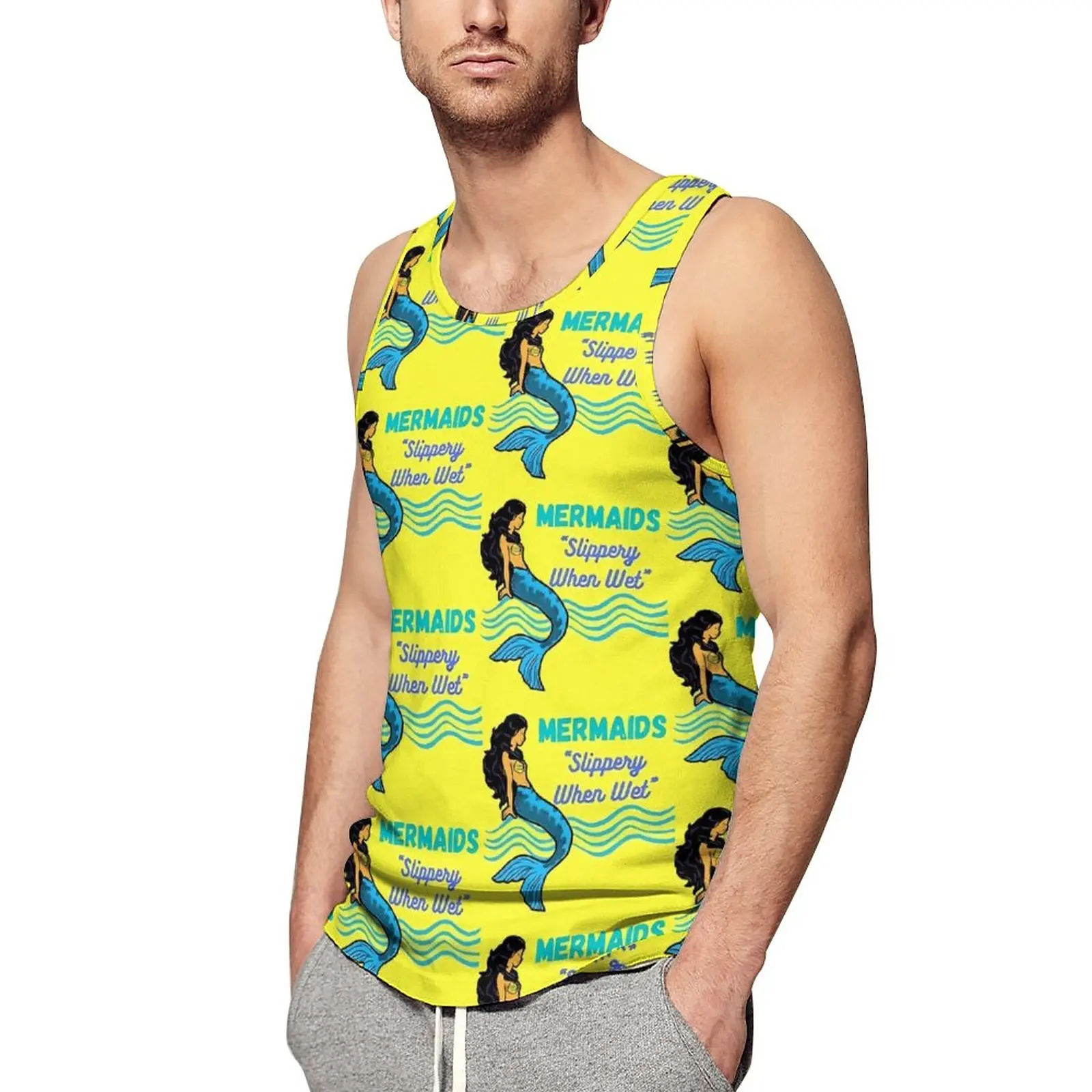 

Mermaids Tank Top Male Slippery When Wet Sportswear Tops Beach Gym Graphic Sleeveless Shirts Large Size 4XL 5XL