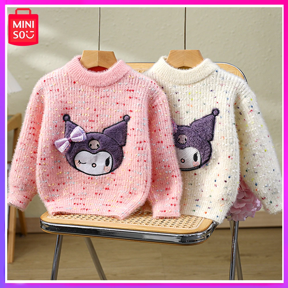 

Miniso Sanrio Kuromi Autumn Winter Childrens Sweater Cartoon Pullover Knitting Shirt Crew-Neck Base Top Pink Christmas Girl Gift