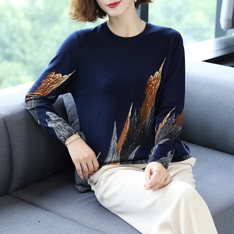 

2022 Autumn Winter Casual Knitted Sweater Vintage Women Pullover Sweaters Loose Jumper O Neck Long Sleeve Printed Women Knitwear