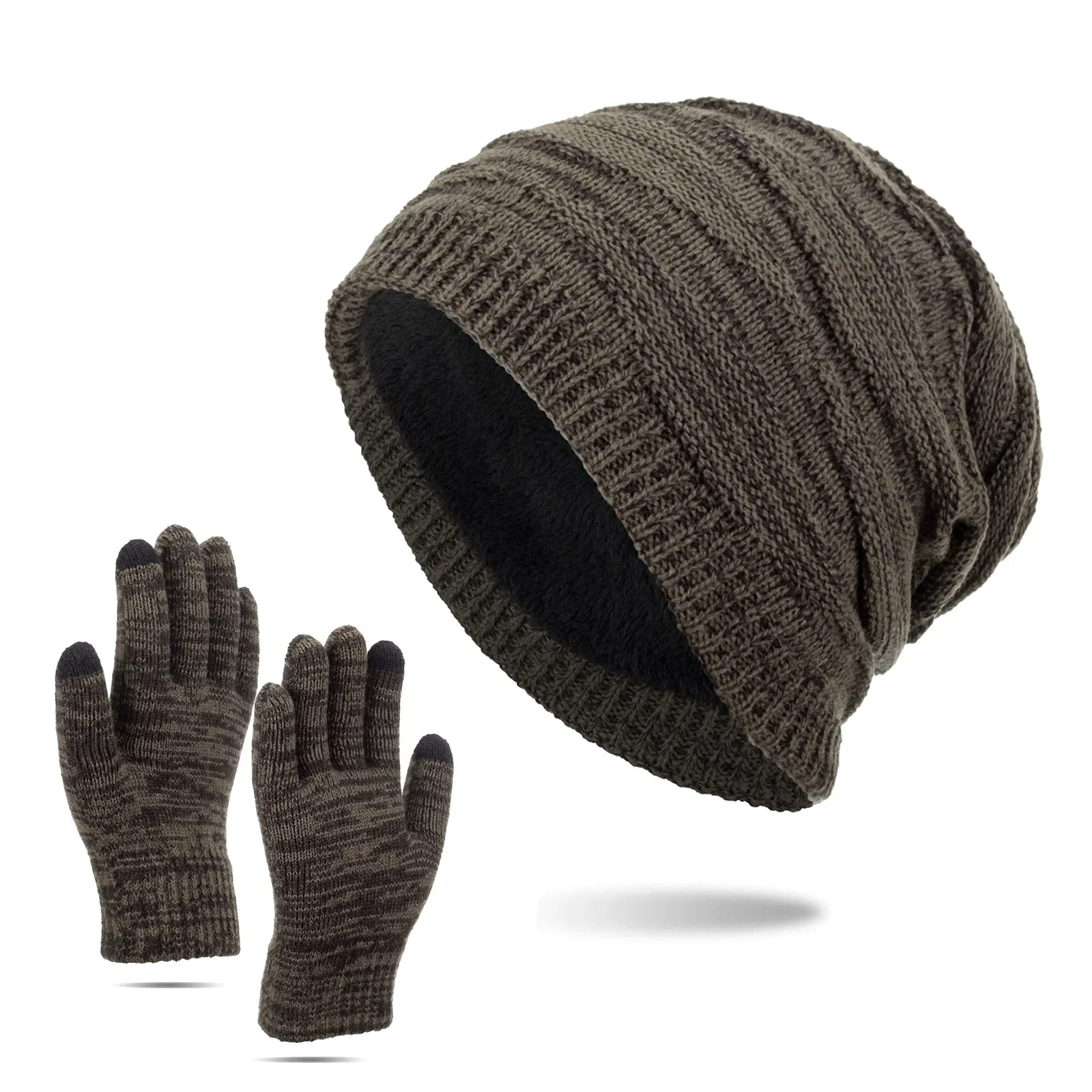 

Winter Plush Soft Comfortable Brimless Cap Men's Hats Gloves Dome Outdoor Cycling Accessories Male's Knitted Hat Gloves Set
