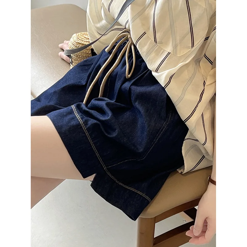 Retro Denim Shorts Women's Loose Versatile Elastic Waist Wide Leg A-line Pants 2023 Summer New Casual Lace-up Short Jeans