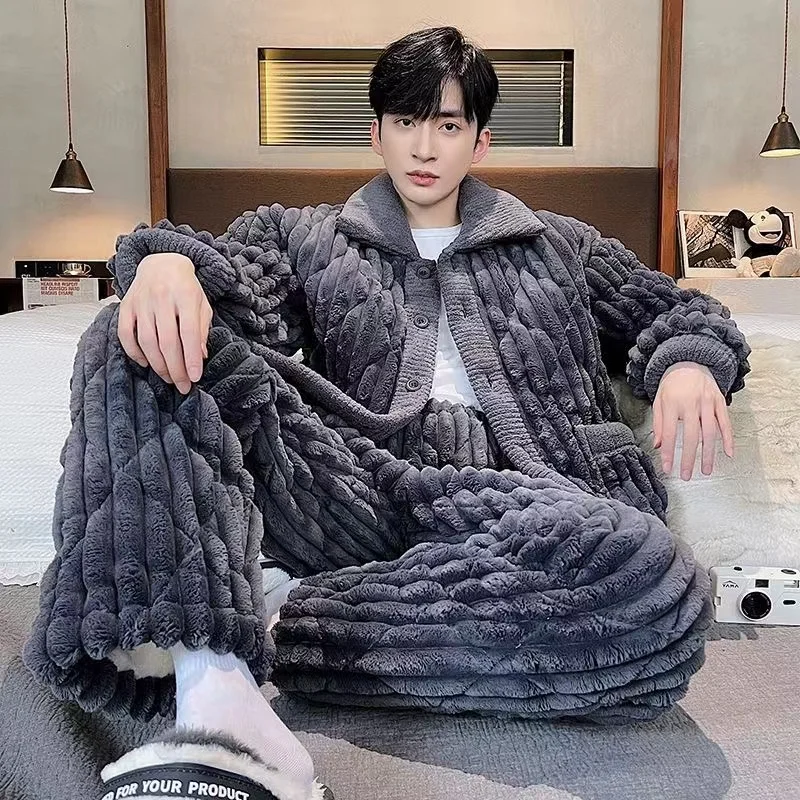 Thicken Warm Men's Pajamas Set Flannel Sleepwear Winter Coral Fleece Homewear 2 Piece /Set Long Sleeve Trousers Home Clothes