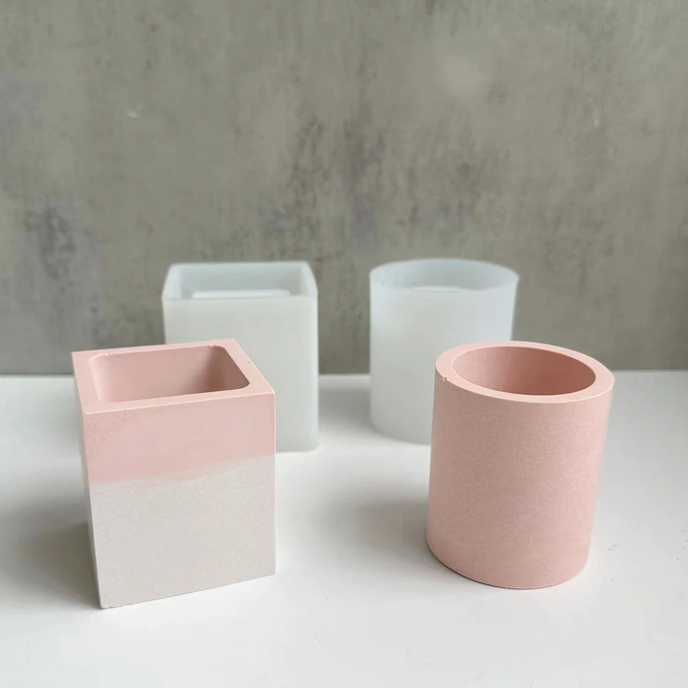 Concrete Square Vase Silicone Mold DIY Round Flower Pot Making Plaster Epoxy Resin Pen Holder Casting Molds Home Decor Supplies