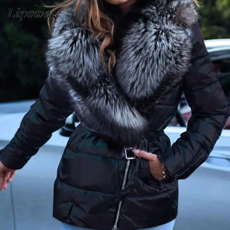 

Autumn Winter Fashion Faux Fur Collar Leather Coat Women Casual Thicken Zipper Outerwear Lady Vintage Long Sleeve Lace-up Jacket