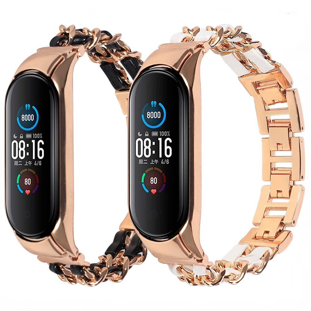 

Leather Meatl Strap for Xiaomi Mi Band 7 6 5 4 3 Bracelet Stainless Steel Wristband for Mi Band 7 6 5 Mi Band 4 3 Accessory Belt