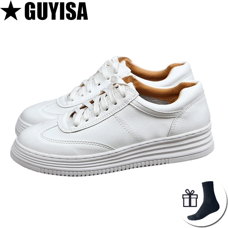 

Women Fashion White Split Leather Chunky Sneakers White Shoes Lace Up Women's Tennis Shoes vulcanise Platform Woman Casual Shoes