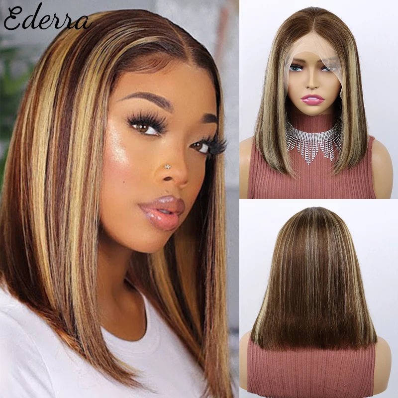

Straight Short Bob Wig Highlighted Transparent Lace Frontal Human Hair Wigs For Women Honey Blonde Ombre Highlight 13x4 Lace Wig